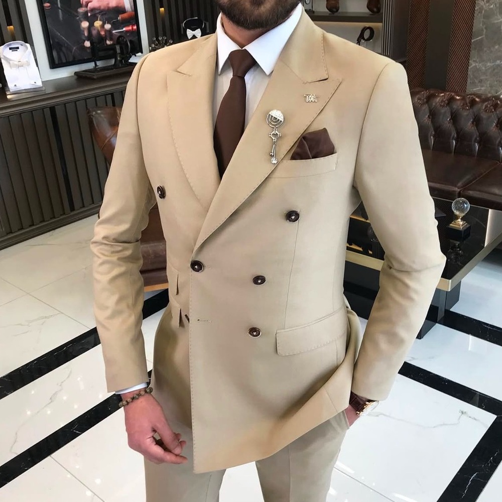 New Double Breasted Khaki Suit Tailored Fit Havana Suit  Jacket 40R Pants 32